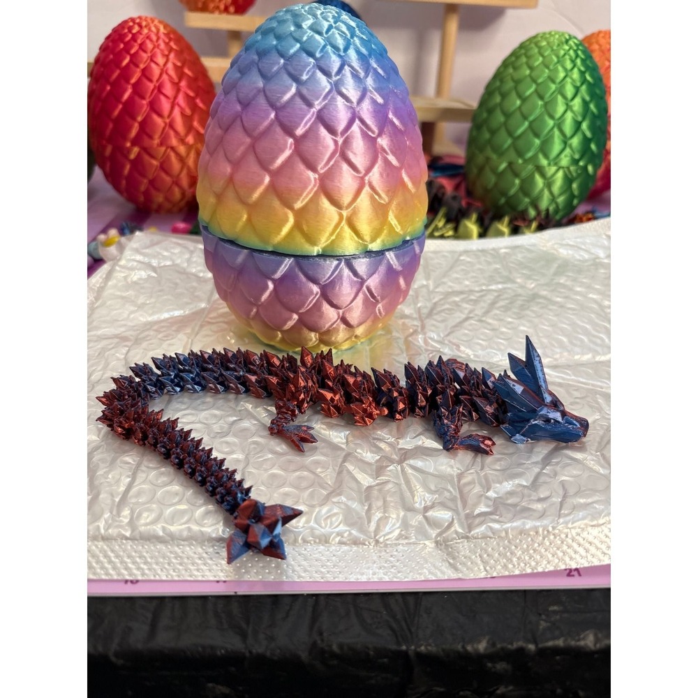 3D Printed Articulated Dragon with Rainbow Scale Egg Set Metallic Red Blue